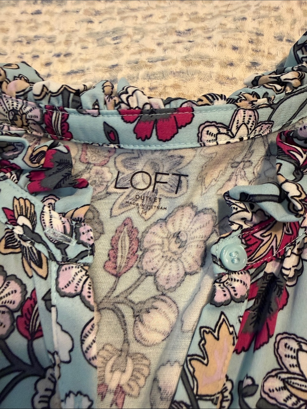 LOFT Floral Ruffle Button-Front Top in Light Blue with Pink Accents